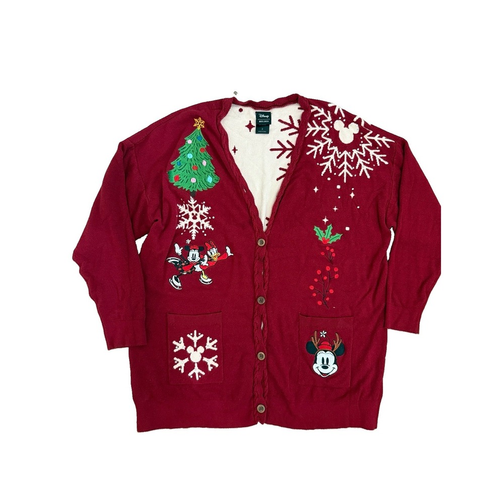 Disney Box Lunch Christmas Daisy Minnie Holiday Cardigan Unisex 2XL Red